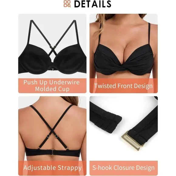 Women's Black Push Up Bikini Tops Ruched Twist Front Underwear Top Swimsuit - Picture 5 of 9